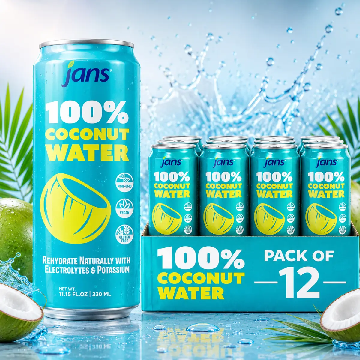 Jans 100% Coconut Water No Added Sugar 11.15oz (Pack of 12) Pure Coconut Refreshment, Vegan, Gluten-Free, Hydration with Electrolytes