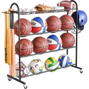 Basketball Rack, Rolling Ball Storage with Baseball Bat Holder and Hooks,  Equipment Storage with Wheels for Volleyball, Football and Basketball Accessories,  Coated Steel