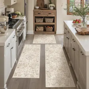 Kitchen Rug Set of 3 Washable Beige Vintage Non-Slip Kitchen Runner Rug Soft Low Pile for Floor Bathroom Laundry Hallway Sink Entryway