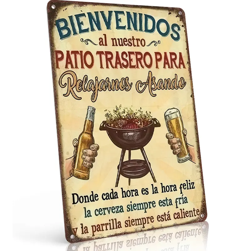 Spanish "Bienvenidos al Nuestro Patio Trasero" Retro Aluminum Metal Sign, 8×12 Inch, Vintage BBQ & Beer Backyard Wall Decor, Waterproof & Rust-Proof, Spanish Patio Welcome Art,home decor wall art