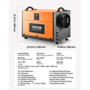 VEVOR 156 Pints Commercial Dehumidifier with Drain Hose, Portable Crawl Space Dehumidifiers for Basement Storage Room Industrial Grade, Auto Defrost/Drainage, Heavy-duty Galvanized Steel, LED Indicate