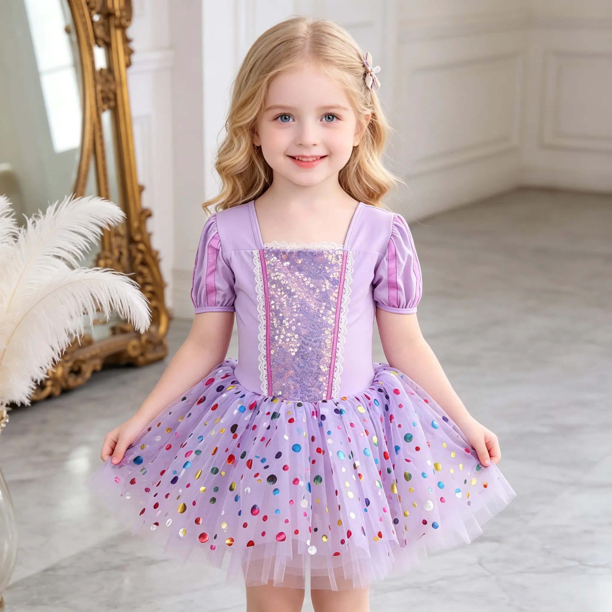 Toddler Girls Rapunzel Princess Tutu Ballet Dress, Square Neck Puff Short Sleeve Sequin Lace Kids Costume, Purple Polka Dot Tulle Skirt for Birthday Party Halloween Cosplay