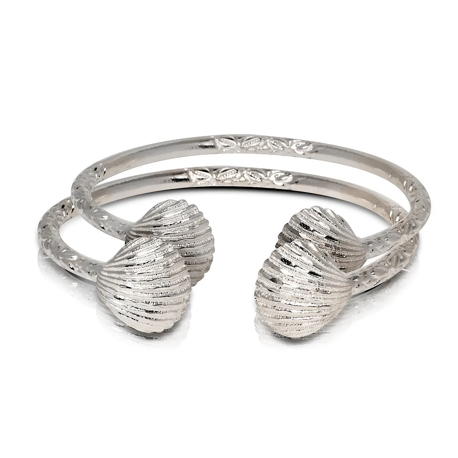.925 Sterling Silver Bangle Bracelets - Handmade US Crafted with Care, Unisex Adults, 1 Pair Stunning Bangles with Shell Ends, Gift Box Included