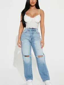 Petite As You Please Ripped Straight Leg Jeans - Light Blue Wash
