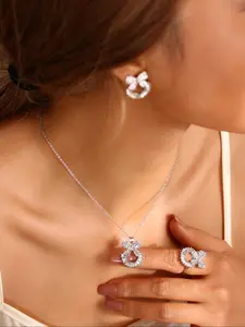 Women's Elegant Rhinestone & Bow Decor Hollow Out Round Design Necklace & Earrings & Ring, Exquisite Trendy Jewelry Set, Fashion Accessories for Party & Daily Clothing Decor