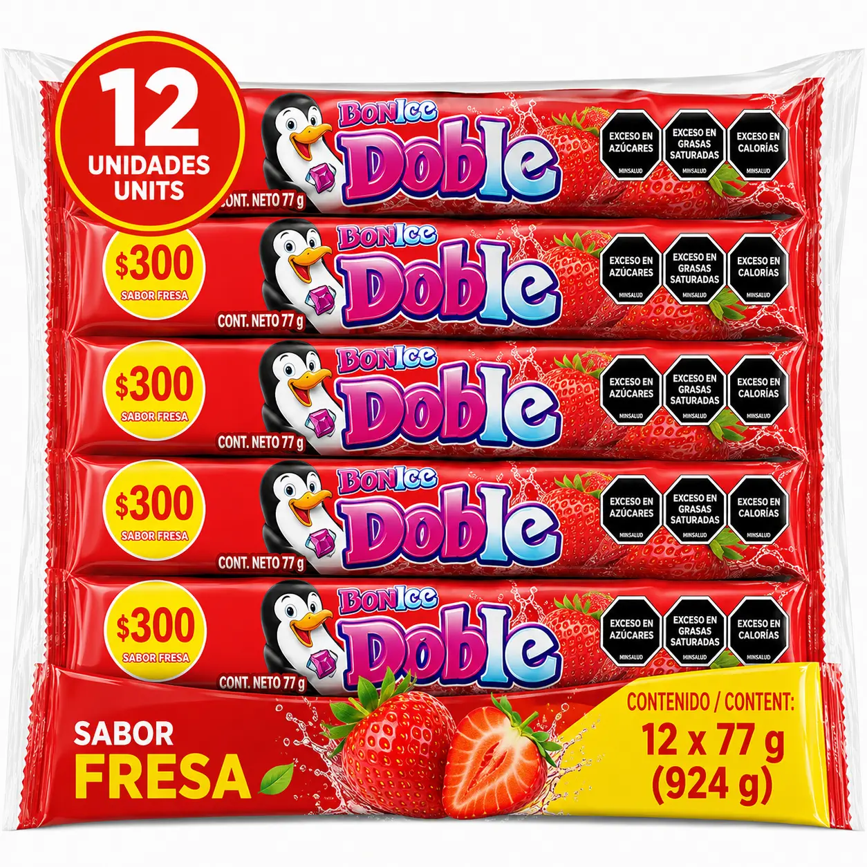 Bon Ice Doble Strawberry Flavor 12 Units 77g Each 924g Total Sweet Treats
