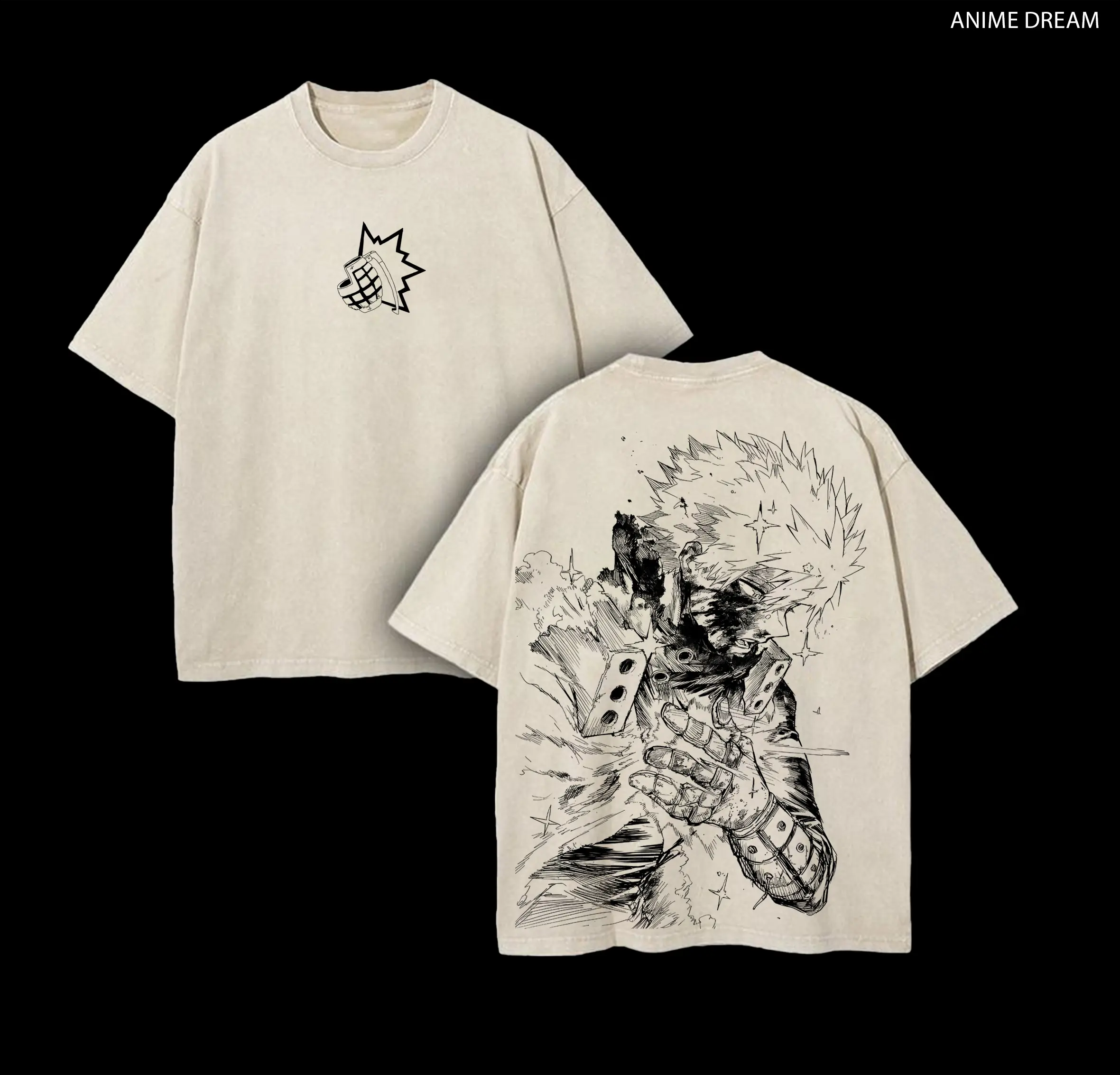 Katsuki Bakugo My Hero Academia Anime Double Printed Vintage Washed Tee Unisex Oversize Anime Manga Washed Heavyweight Cotton T-shirt