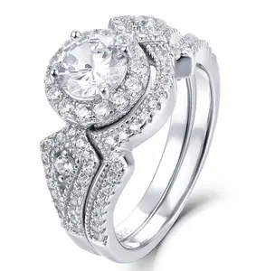 2pc 925 Sterling Silver Cz Halo Wedding Band Engagement Rings Set Size 3-15 S003