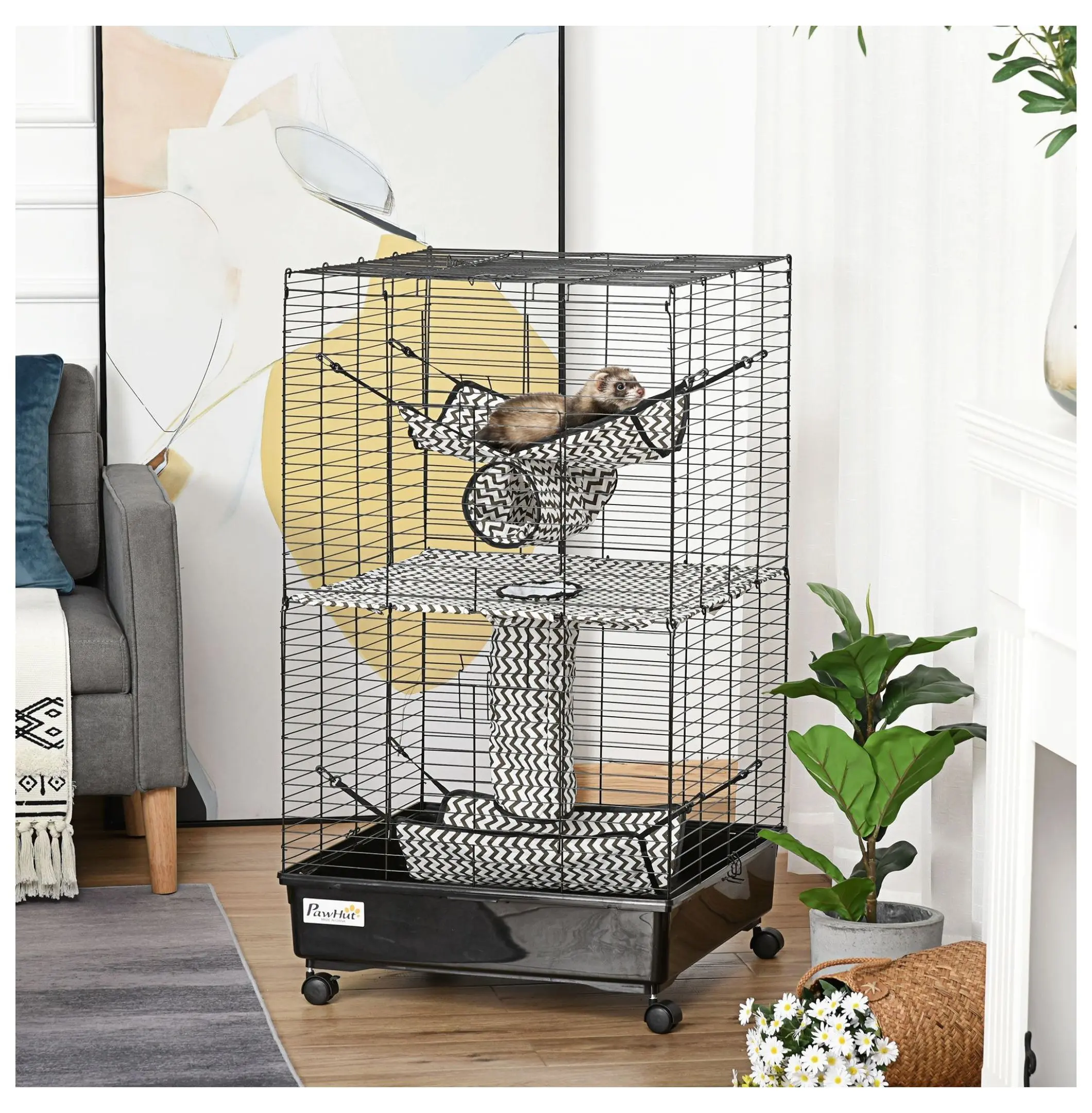 42" Ferret Cage, Small Animal Habitat - Metal Pet Cage with Wheels, Hammocks & Tunnels black