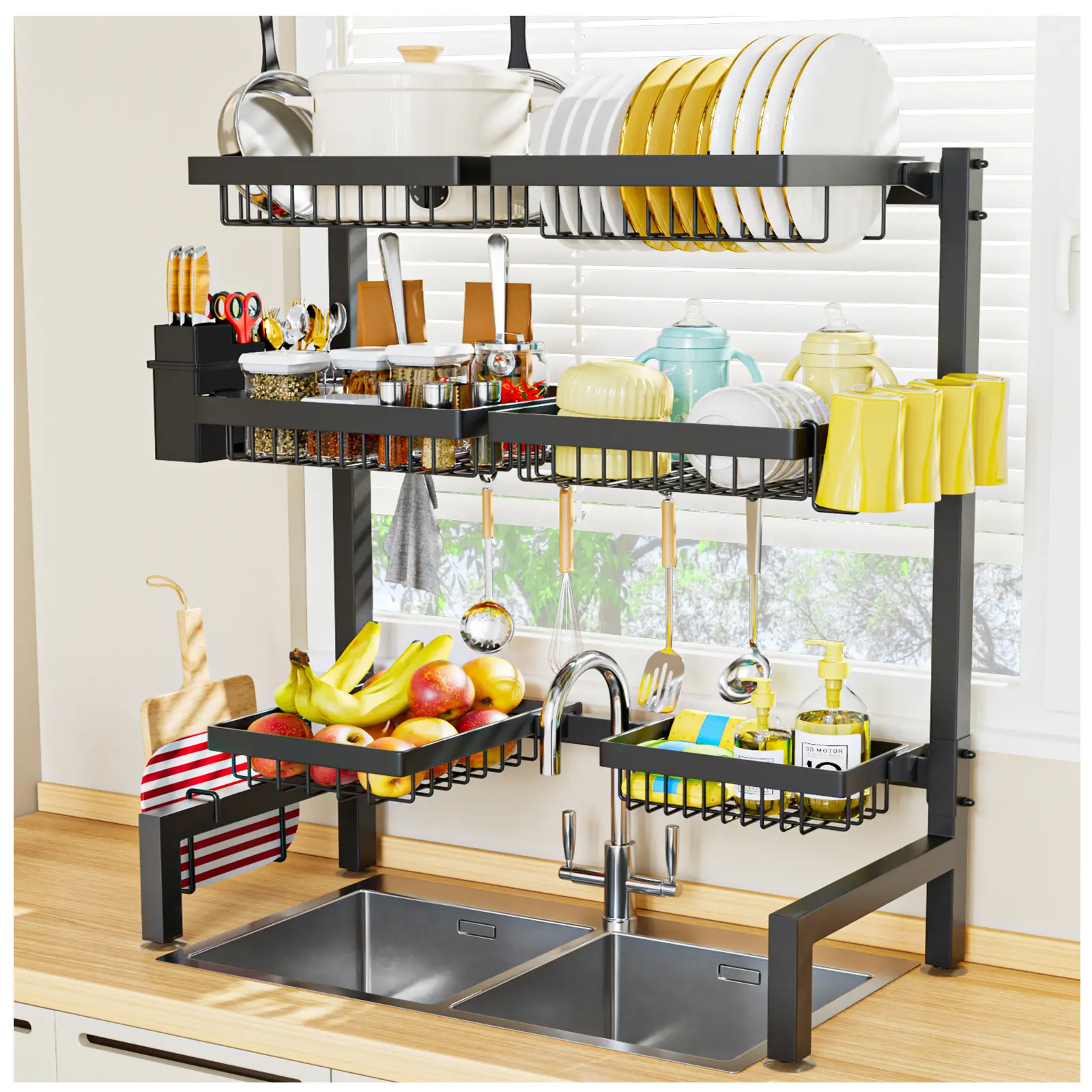 7CODE［2 Tier 4 Baskets］3 Tiers 6 Baskets Dish Drying Rack, 24.8"-35.4",Over Sink Dish Drying Rack, 3-Tier Large Sink Rack for Kitchen, Extensible and