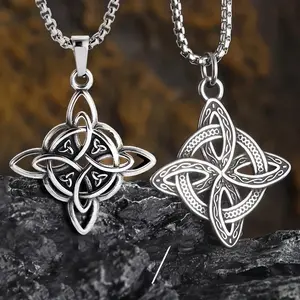 Set of 2 vintage geometric witch knot necklaces with stainless steel pendants featuring Irish Celtic and trinity knots; unisex amulets and jewelry gifts with a classic, durable design suitable for everyday wear