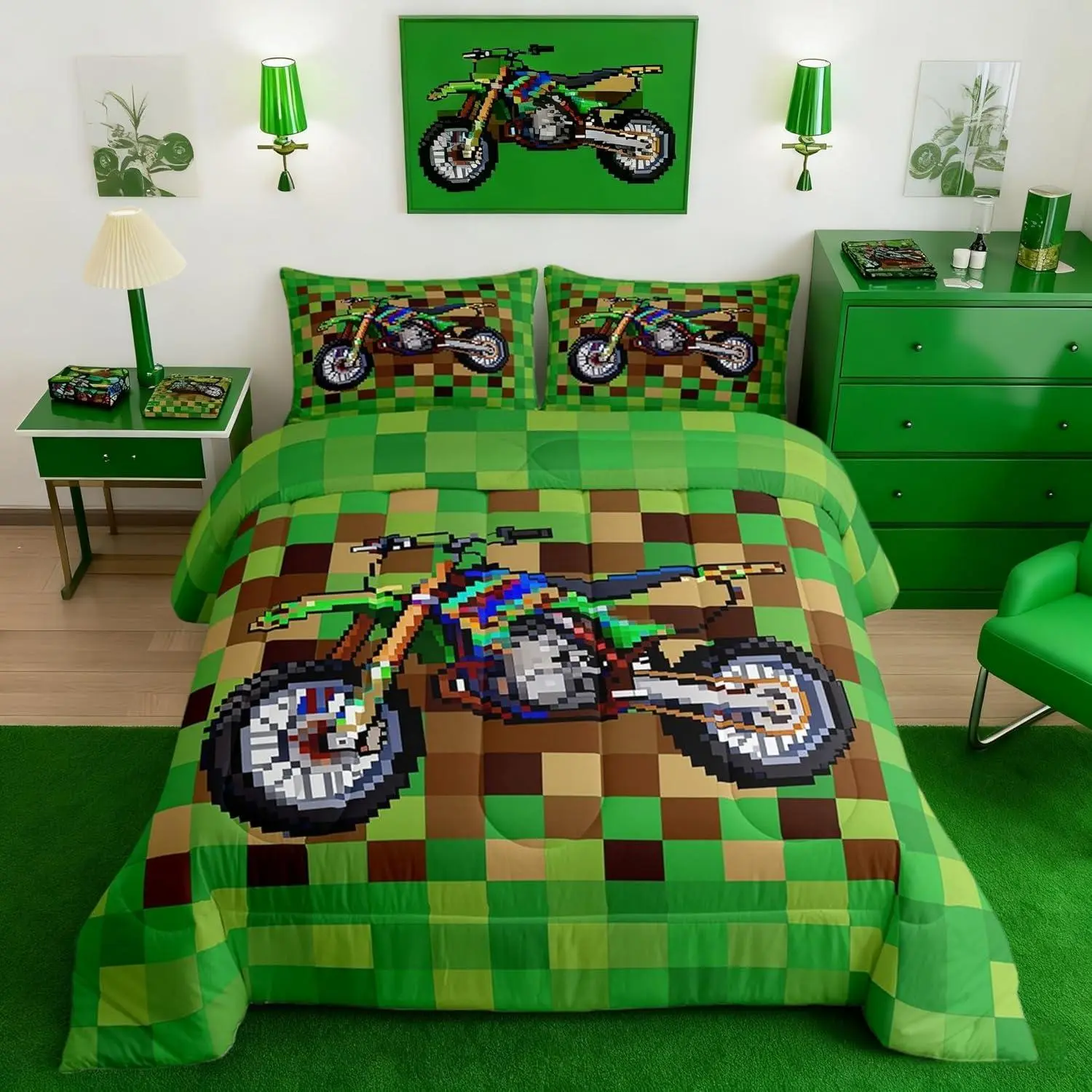 Cool Motorcycle Kids Comforter Set,Pixelated Geometric Grid Bedding Set for Teens Adults Bedroom Decor,Miners Gamepad Duvet Insert,Brown Green Quilted Duvet Set