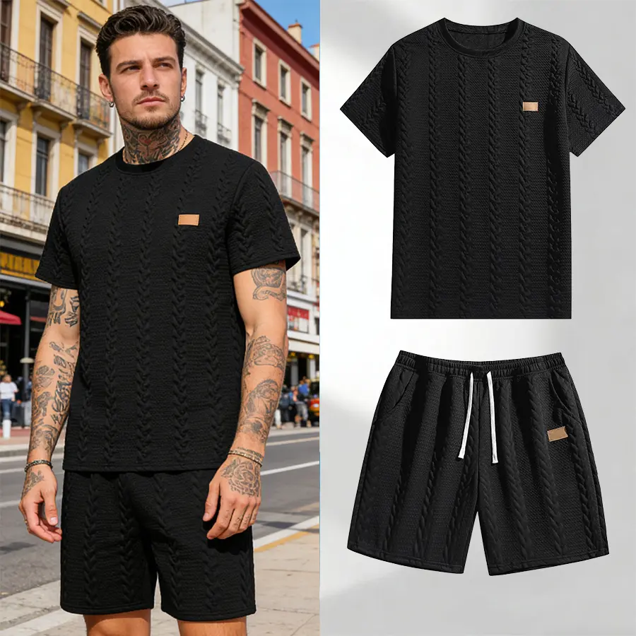 Men's solid-color jacquard casual suit, comfortable and breathable short-sleeved and short-pants sports outfit, suitable for summer outdoor outings, daily vacations and casual wear.#SummerVibes