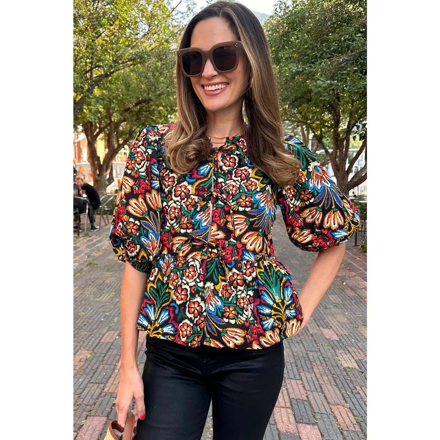 Chloe - Black Tropical Print Bubble Sleeve Knot Front Blouse