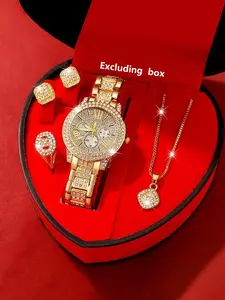 5-piece set of elegant ladies' watch set with crystal decorations, including a round dial quartz analog watch, ring, earrings, and pendant necklace. This fashionable watch set is suitable for parties and daily wear, showcasing a luxurious style.