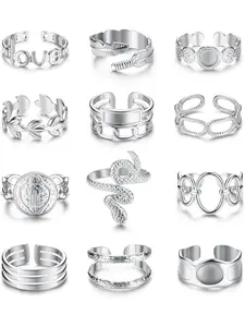 Women's 12-Piece Stainless Steel Stackable Rings, Boho Style Snakeskin Design, Adjustable & Chunky Knuckle Rings