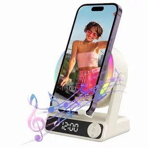 Creative Induction Bluetooth Speaker with Alarm Clock - 5 in 1 Wireless Cell Phone Stand Sound Amplifier, RGB Night Light Bedside Stereo, Cool Tech Gift Ideas