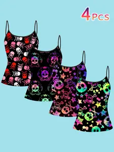 4 Piece Set Neon Skull Print Strapless Sleeveless Top, Street Style Inner Layer Outer Wear, Casual Slim Fit Tank Tops for All Seasons