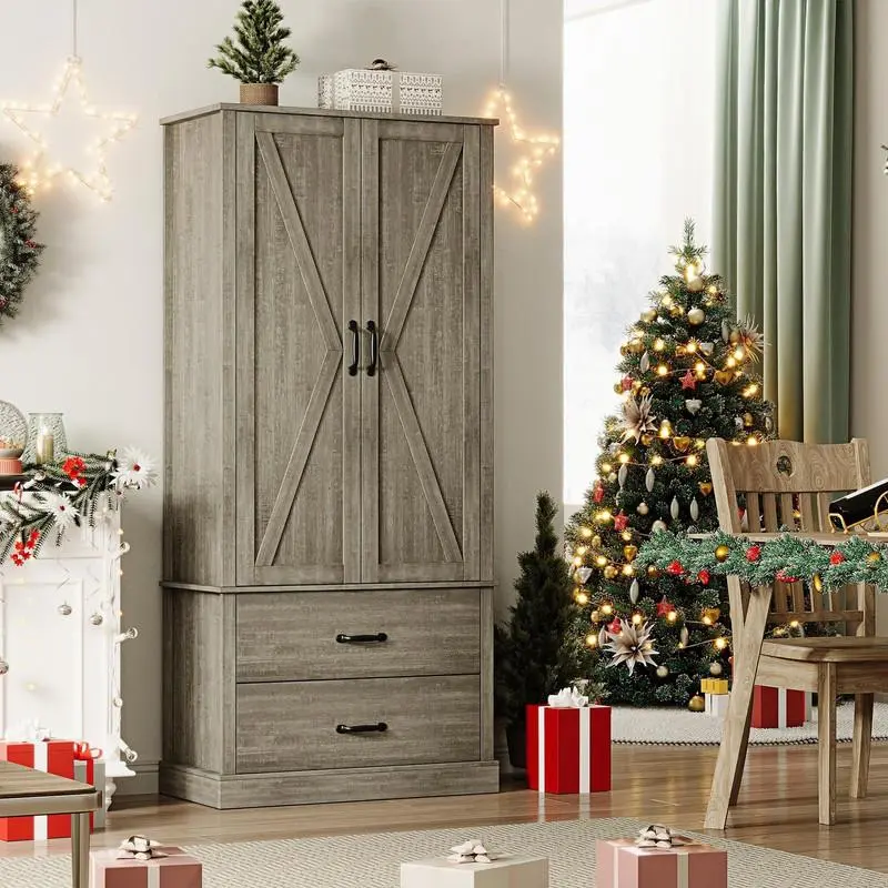 Grey Kitchen Pantry Cabinet with Doors and Shelves, Freestanding Tall Kitchen Cabinet with Microwave Stand, Hutch Cabinet for Kitchen, Living Room, Bathroom
