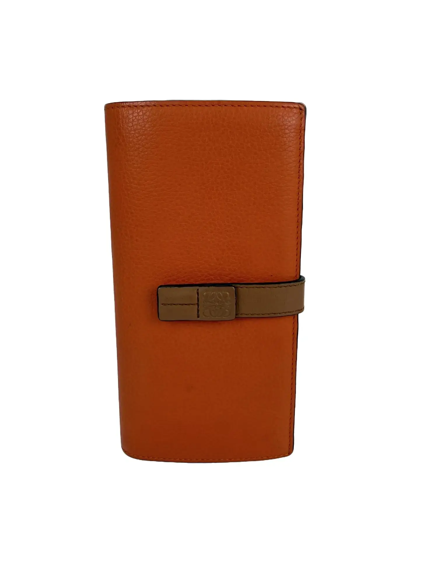 Pre-owned Loewe Leather Small Leather Goods Grained Calfskin Large Orange Brown Vertical Wallet