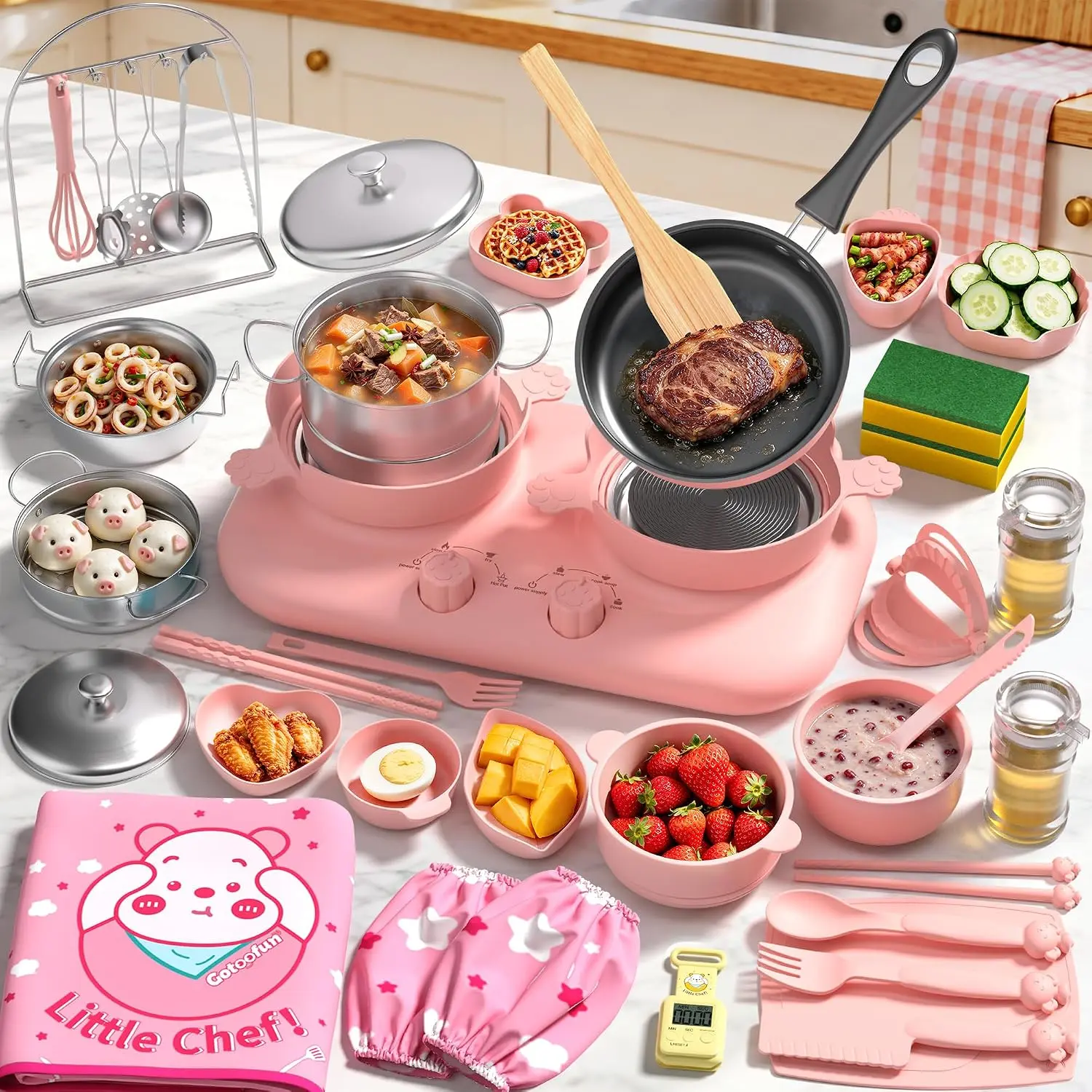 Kids Cooking Set Real, Dual Burner Mini Kitchen, Ages 8-12, Pink Real Food Making Little Chef Set, Dual Montessori Stove, Cookware and Utensils, Easy Cooking Kit for Beginner Boys and Girls