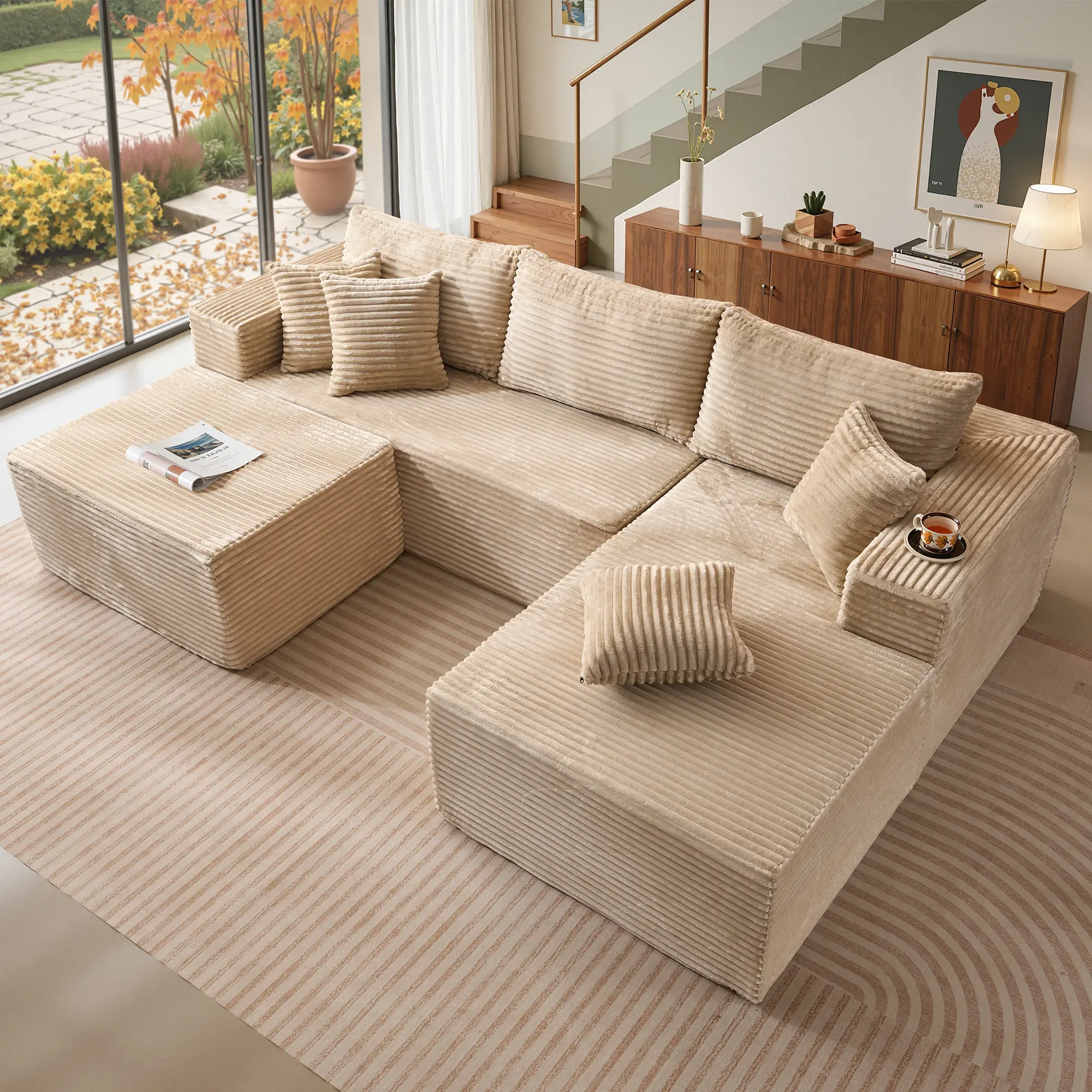 108” Beige L Shape Right Chaise With Ottoman