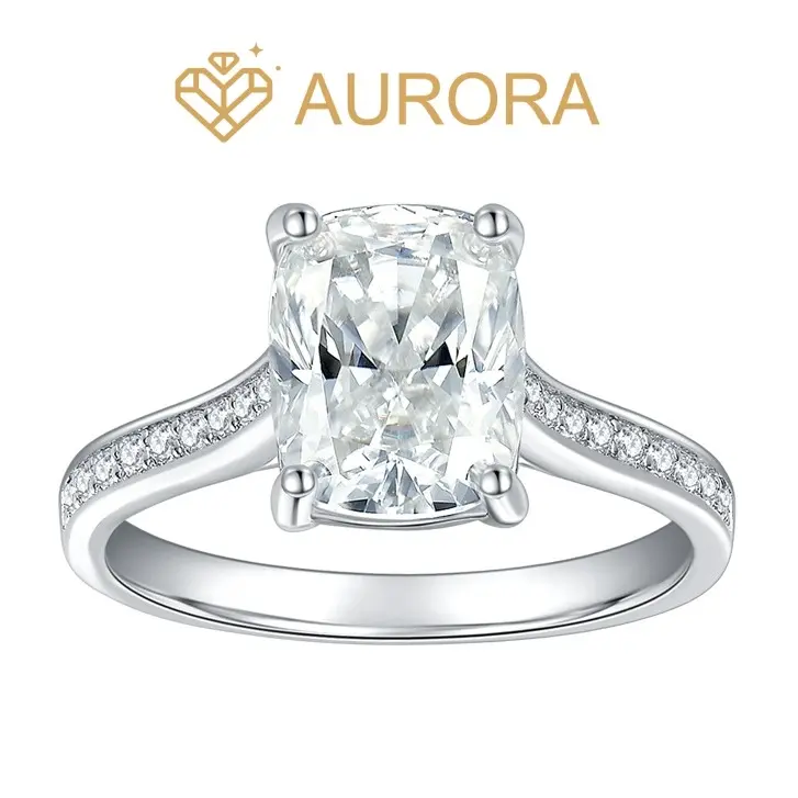 【#152 Celeste Radiance】Unisex Cushion Cut Full Moissanite Main & Side Stone 925 Sterling Silver Ring, High-Quality Luxury Diamond Alternative Jewelry for Adults' Engagement & Anniversary Gifts