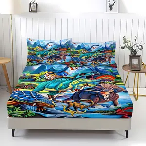 Dinosaur Theme Fun Printed Fitted Sheet Set, Includes 1 Fitted Sheet and 2 Pillowcases, Colorful Dinosaur Patterns, Skin-friendly and Durable, Soft Breathable Fabric Ideal for Kids Rooms and Gifts