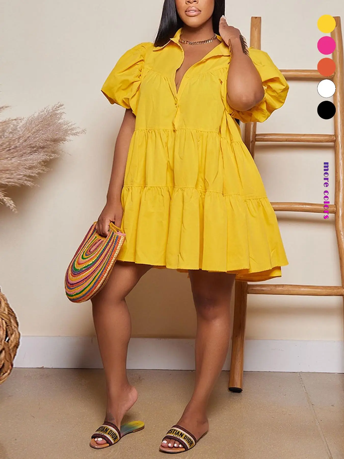 Women's Plain Peplum Hem Button Front Smock Dress, Casual Puff Sleeve Collar Short Dress for Daily Wear, Ladies Clothes for All Seasons, Summer Dresse