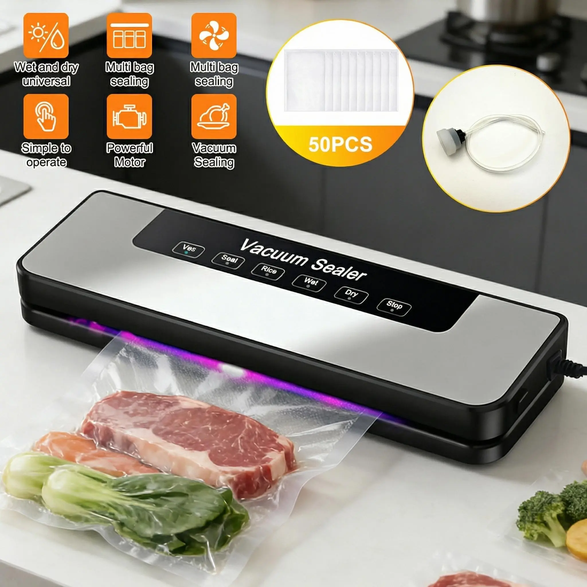 【BackToSchool】【DealsForYou】Vacuum Sealer Machine for Food, Compact Food Saver with 50 Textured Bags & External Hose, 110V Kitchen Vacuum Sealing System