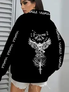 Trendy Dark Nordic Style Viking Symbol Raven Print Long Sleeves Sweatshirt Hoodie for Women, Casual Streetwear Versatile Top, Daily Wear Fashion