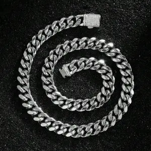 8mm-14mm Stainless Steel Round Cuban Miami Necklaces Hip Hop Bling Iced Out Spring Buckle Men Link Chain Rapper Jewelry