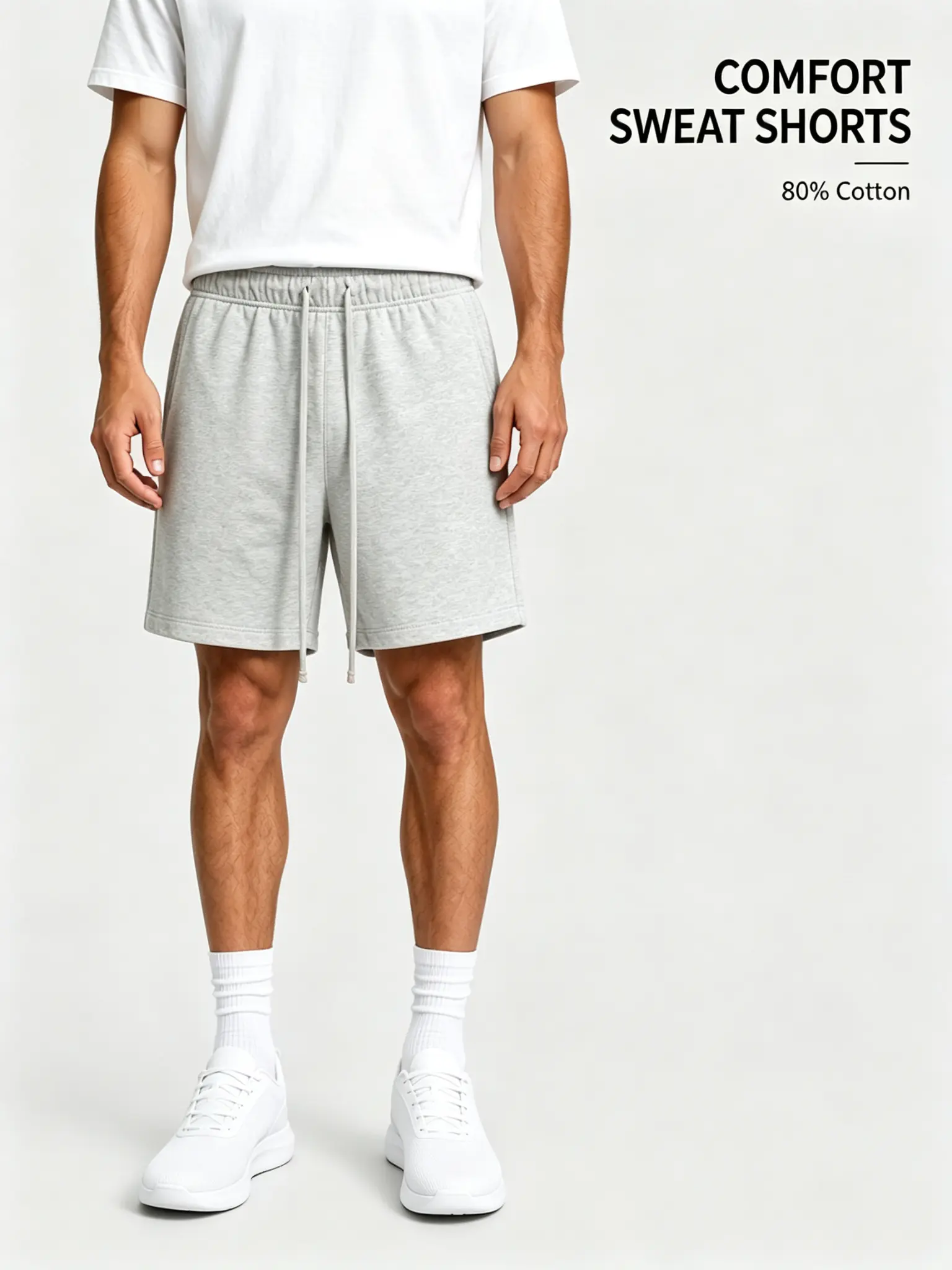Men's Plain Loose-Fitting Sweatshorts, Elastic Drawstring Waist, Lightweight All-Season Casual Streetwear & Loungewear, Above-The-Knee, Machine Washable Menswear Bottoms