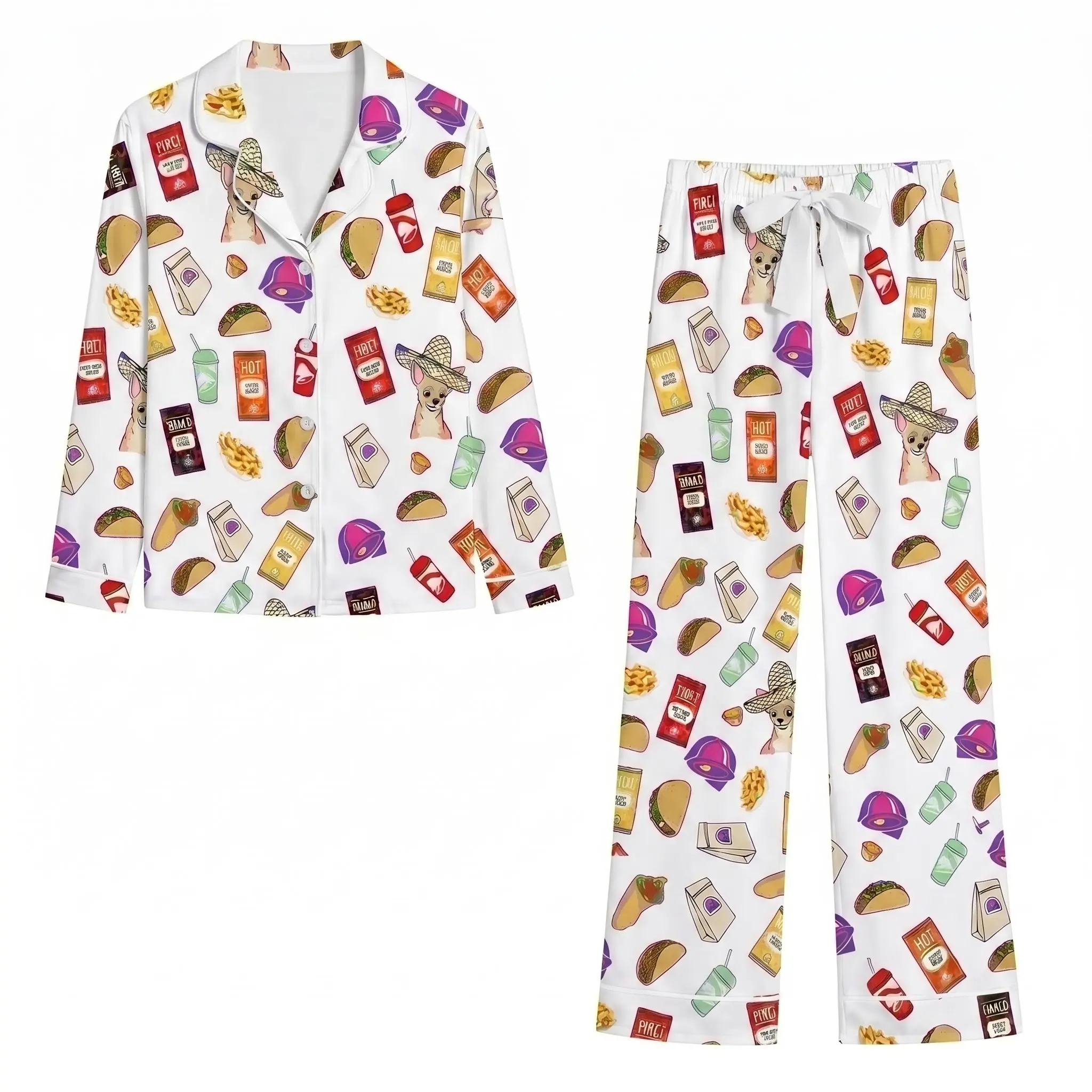 Purple Taco Lover Chihuahua Pajama Set for Women | Funny Mexican Food Long Sleeve Button-Down Sleepwear & Pants