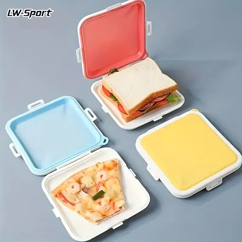 Reusable Silicone Sealed Sandwich Containers, BPA Free Airtight Leakproof Food Grade Storage Box with Snap Lids, Portable Stackable Lunch Bento Box for Sandwich Pizza Slice Snack, Perfect for School Work Picnic Travel