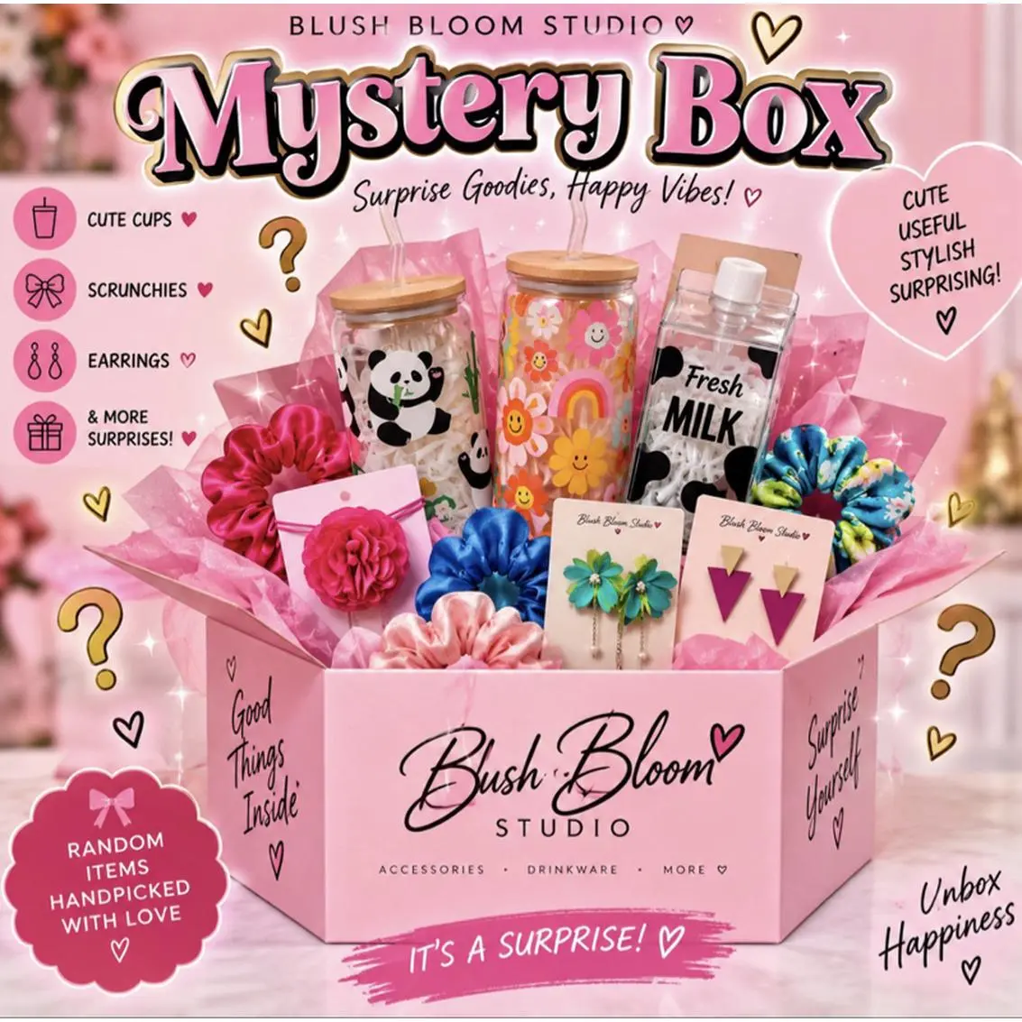 Blush Bloom Mini Mystery Box - Bulk Pack with 3 Randomly Selected Surprise Items (Cups, Earrings, Scrunchies Options) for Party, Travel, Work Use, Varying Designs & Colors