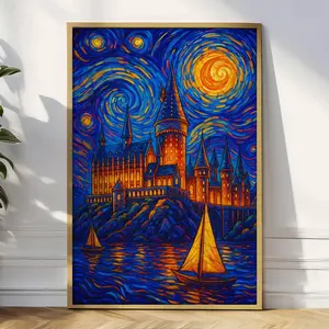 (No Frame) Wizard School Enchanted Castle Print, Starry Night Art Print, Retro Aesthetic Poster, Room Decor, Fantasy Gift for Fan Trendy Print
