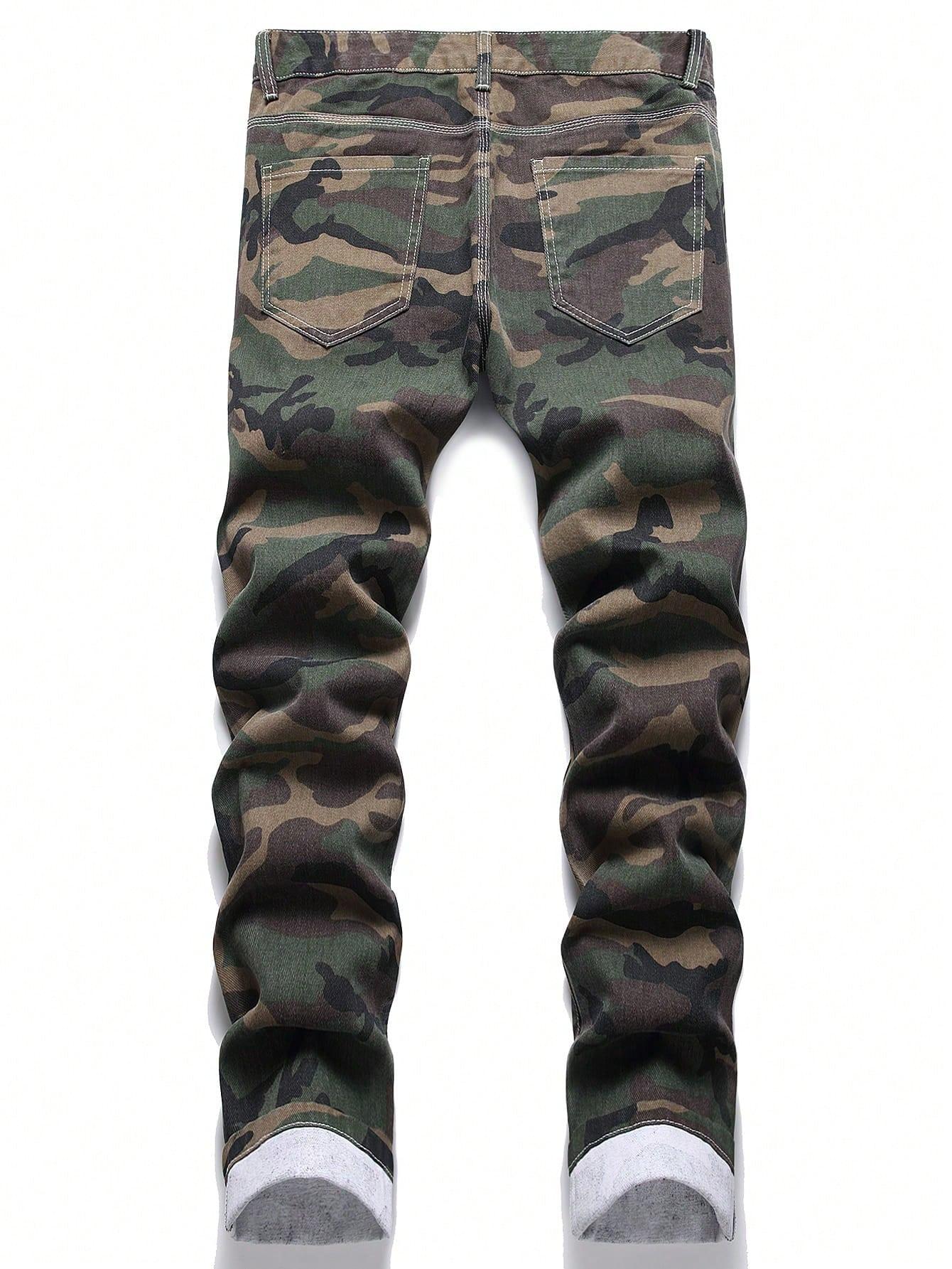 2 Pieces Men's Jeans Black & Camouflage Pattern Fashion Denim Pants Y2k Streetwear Ripped Casual Trouser Pocket Menswear