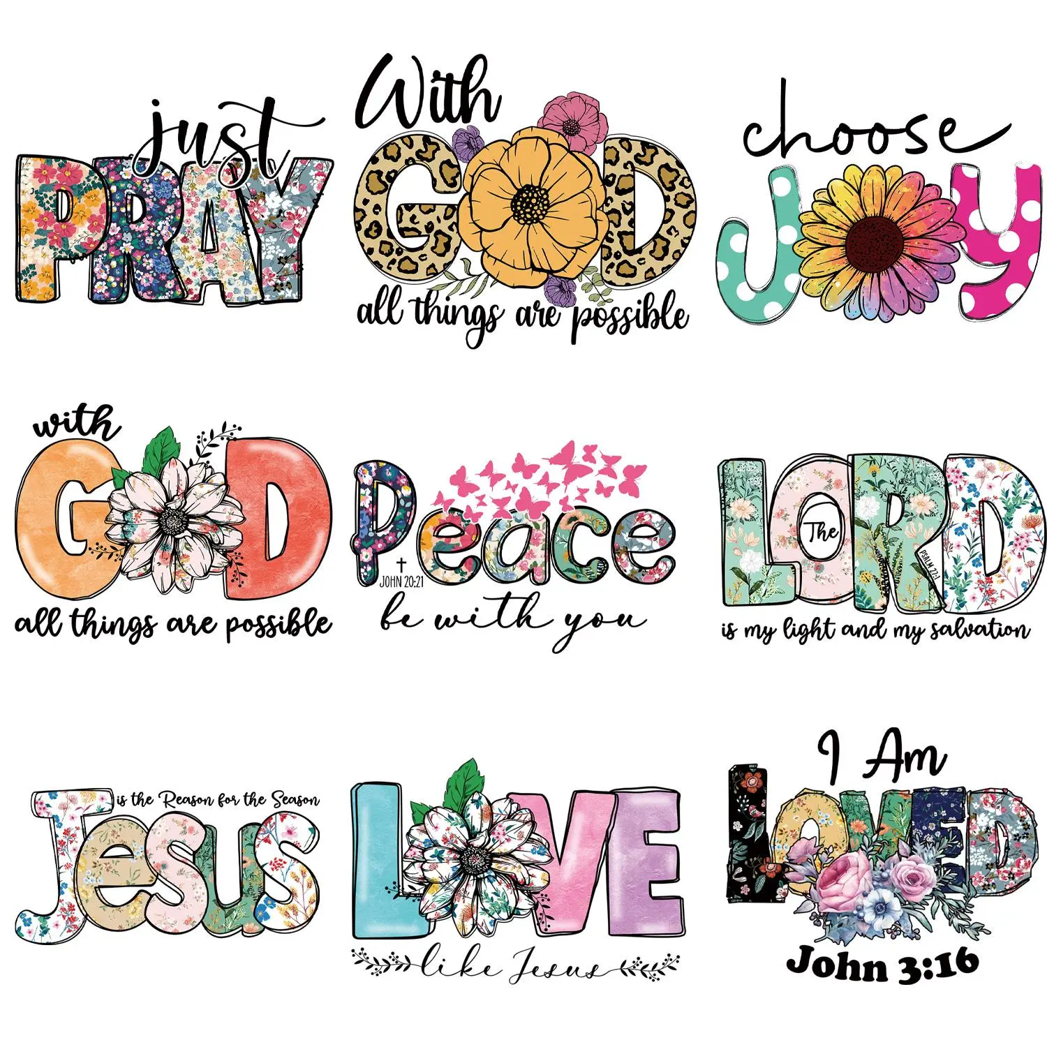 God & Jesus Theme Letter Pattern Heat Transfer Sticker, 9 Counts/set Heat Transfer Decal, DIY Heat Transfer Patches for Clothing DIY Tshirt Applique
