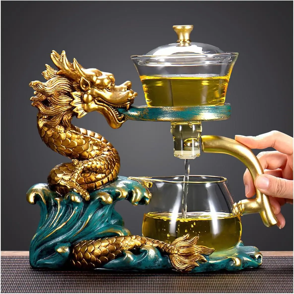Semi-Automatic Glass Kungfu Teapot - Glass Tea Kettle with Creative Golden Dragon Base, Magnetic Lid, Rotating Water Cover Bowl, Lazy Drip Design for Home, Office Tea Sessions