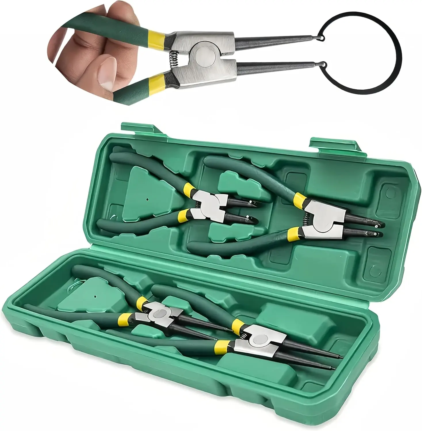 4-Piece Snap Ring Pliers Set - Internal & External Curves, Black-Treated Metal Surface for Higher Hardness, Secure Handling, Professional Hand Pliers for Machinery DIY & Car Repairs, Green Case Included