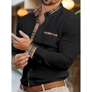 party'shirt 2025 new Men's Classic Plaid Long Sleeve Dress Shirt with Chest Pocket - Smooth Polyester Fabric, Button-Up Front, Machine Washable - Suitable for Spring & Fall Casual Wear Checked Black Menswear Top slim fit casual button free