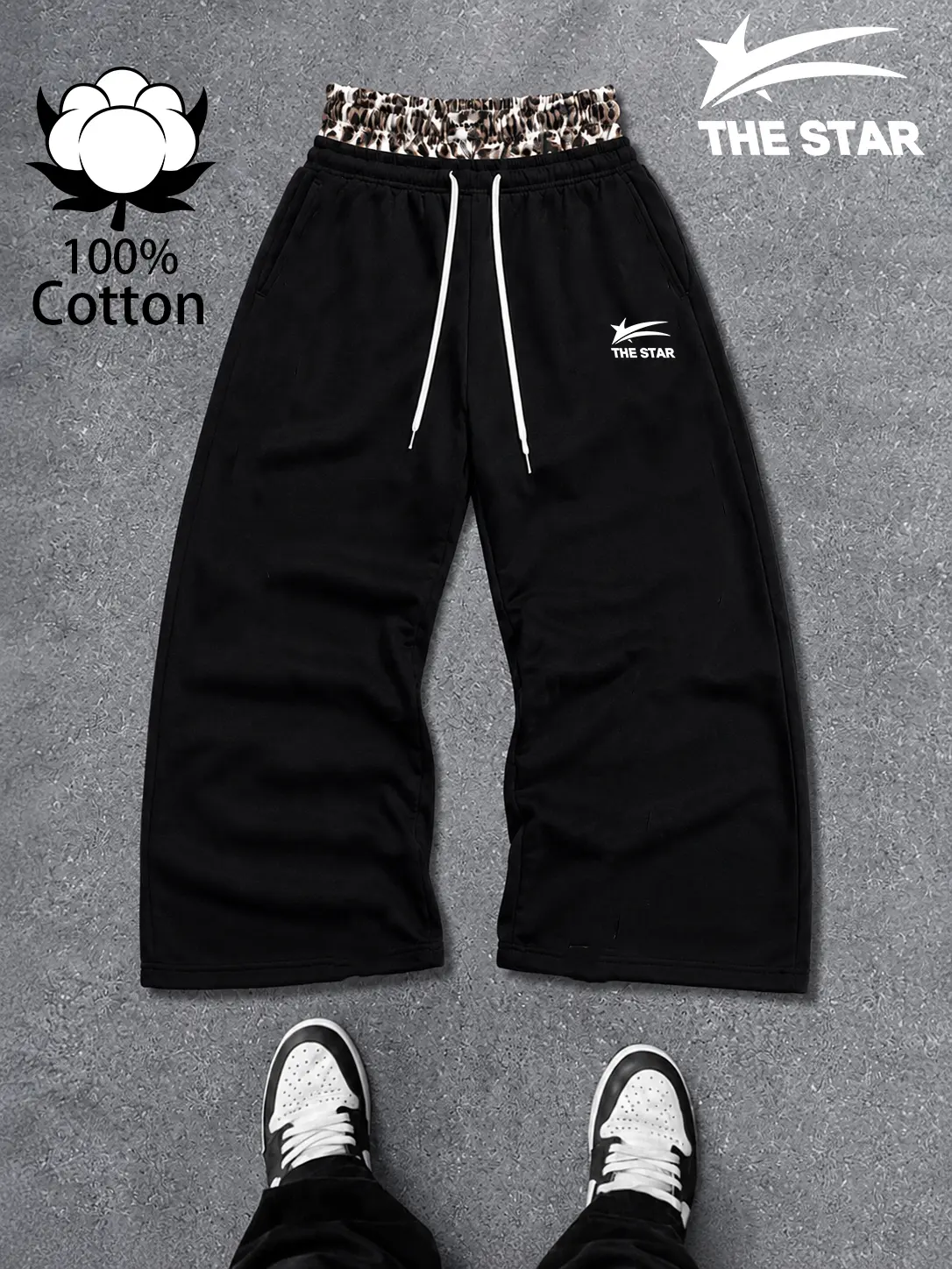Men's Leopard Contrast Double Waistband Sweatpants, Casual Streetwear Loose Straight Leg Athletic Pants with Drawstring, Y2K Baggy Jogger Style, Everyday Lounge Trousers for Men and Women, Trendy Hip Hop Workout Travel Bottoms, Daily Urban Streetwear Look