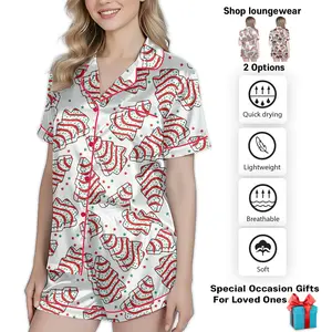 Tree Cake Women's Pajama Set Satin silk - Short Sleeve Button-Down Top & Shorts with Tree-Shaped Cake Print Perfect for Nightwear Loungewear or Homewear Ideal Gift for Mom Girlfriend or Any Special Woman