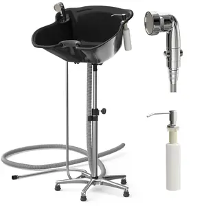 Portable Shampoo Bowls with Shower Sink for Home Washing Hair Shampoo Basin Height Adjustable Stainless Steel for Beauty Salon 9.8 Feet Drain Hoses Soap Dispenser