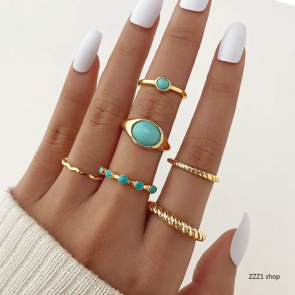 Women's Bohemian Gold Knuckle Rings Set - Layered Stackable Jewelry with Faux Turquoise Stone, Summer Beach Holiday Sports & Outdoor Accessories, Accessories For Women