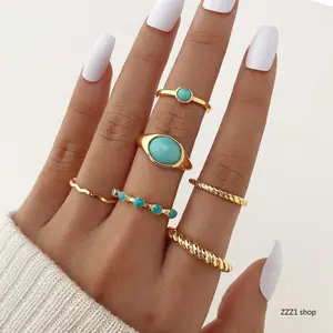 Gold Turquoise Rings Set for Women Trendy Bohemian Faux Stone Joint Knuckle Rings Layered Stackable Jewelry Girls Boho Summer Beach Holiday Gift
