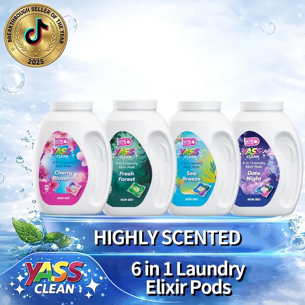 Yass Clean 6-in-1 Laundry Elixir Pods - High-Concentrated Instant Dissolve Capsules | Stain Removal, Antibacterial, Softener | 4 Luxury Scents: Cherry Blossom, Fresh Forest, Date Night, Sea Breeze
