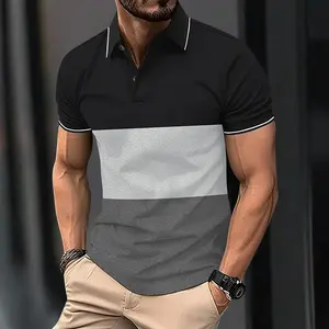 Men's summer color-block patchwork button-up polo shirt, classic retro short-sleeved men's polo shirt, suitable for golf, outdoor leisure, and vacation travel.
