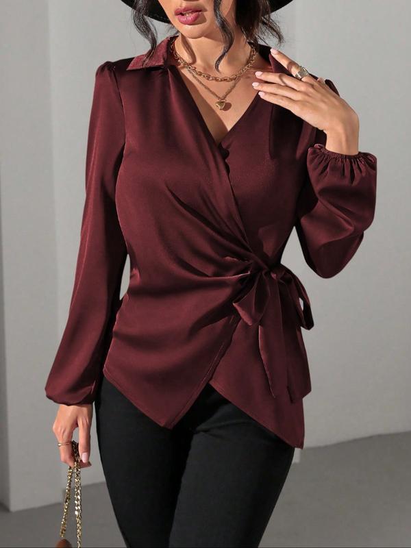 Women's Solid Color Satin Long Sleeve Shirt Blouse with Side Tie and Bubble Sleeves, Stylish and Versatile Top for All Occasions